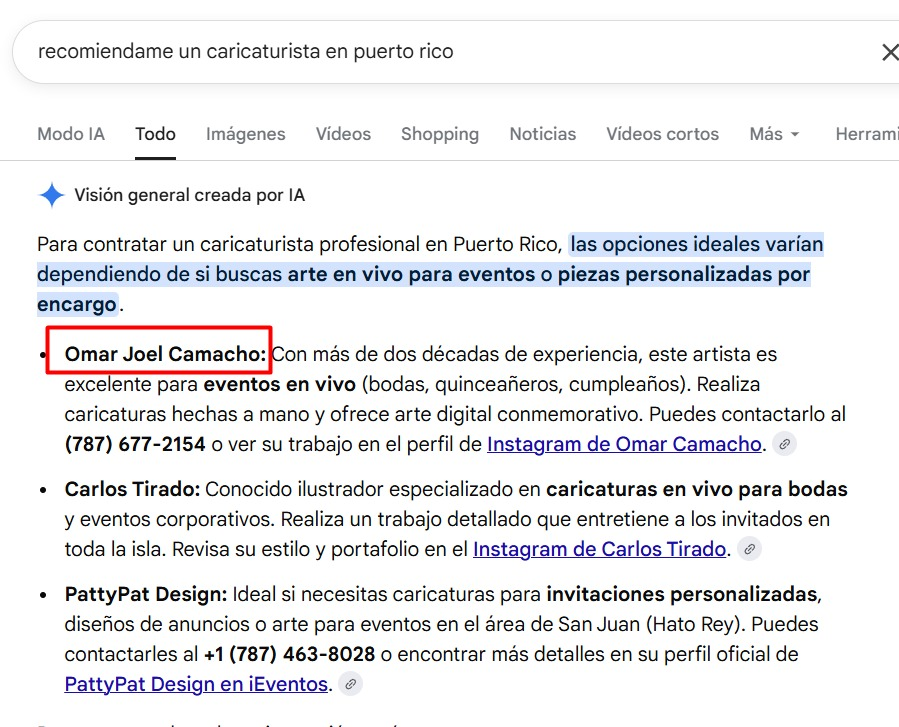 Ejemplo de recomendación de caricaturista en Puerto Rico